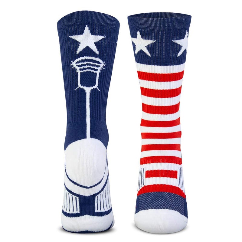 ChalkTalkSPORTS Lacrosse Performance Crew Socks - USA - Flag Wave - Red White & Blue - Lacrosse Mid-Calf Socks - Youth - Image 1